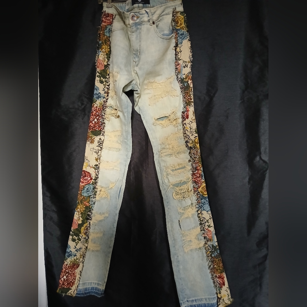 Men's Focus Denim Floral Flared Stacked Cut Jeans.